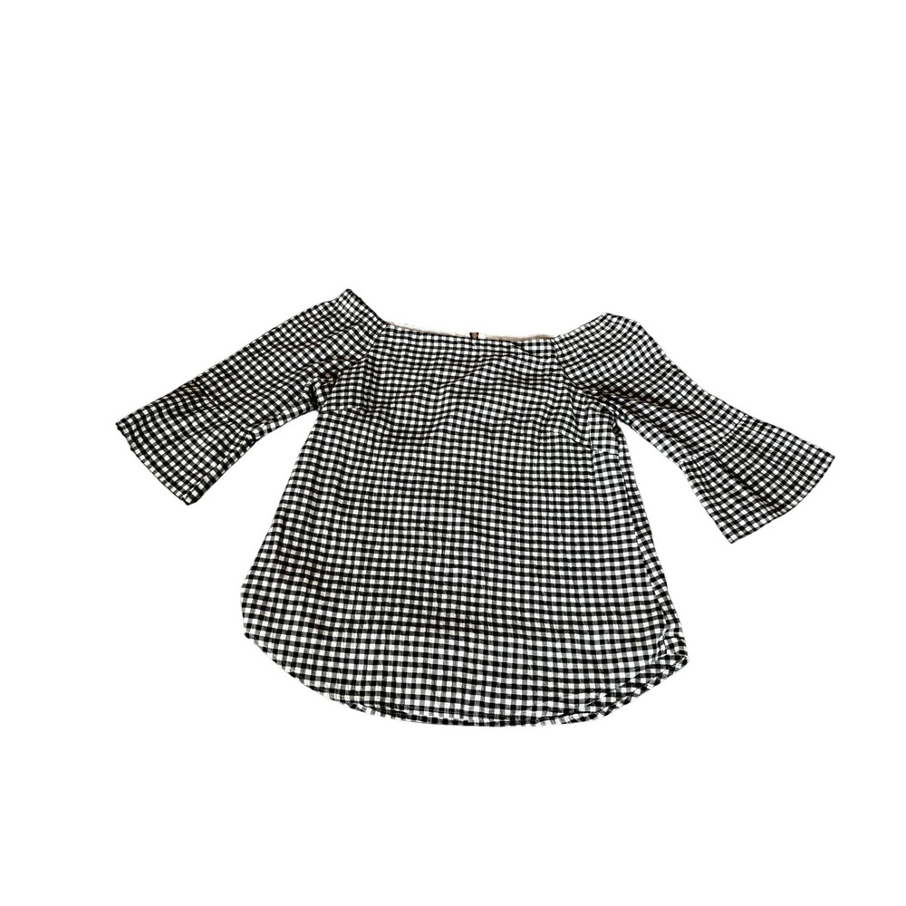 White House Black Market Gingham Off Shoulder Bell Sleeve Blouse Black White S